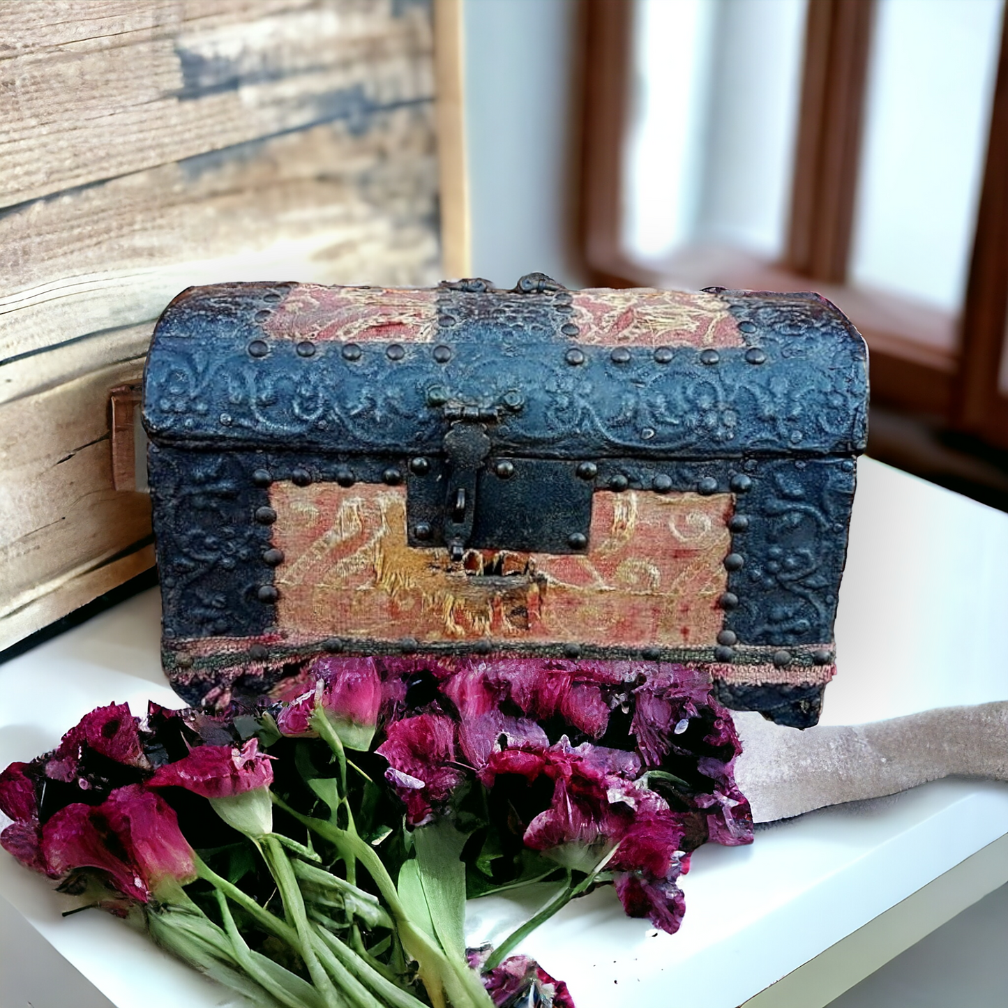 Mid-17th Century Iberian Antique Repousee-Worked Sheet Iron And Velvet Covered Table Casket / Table Top Box, Circa 1650