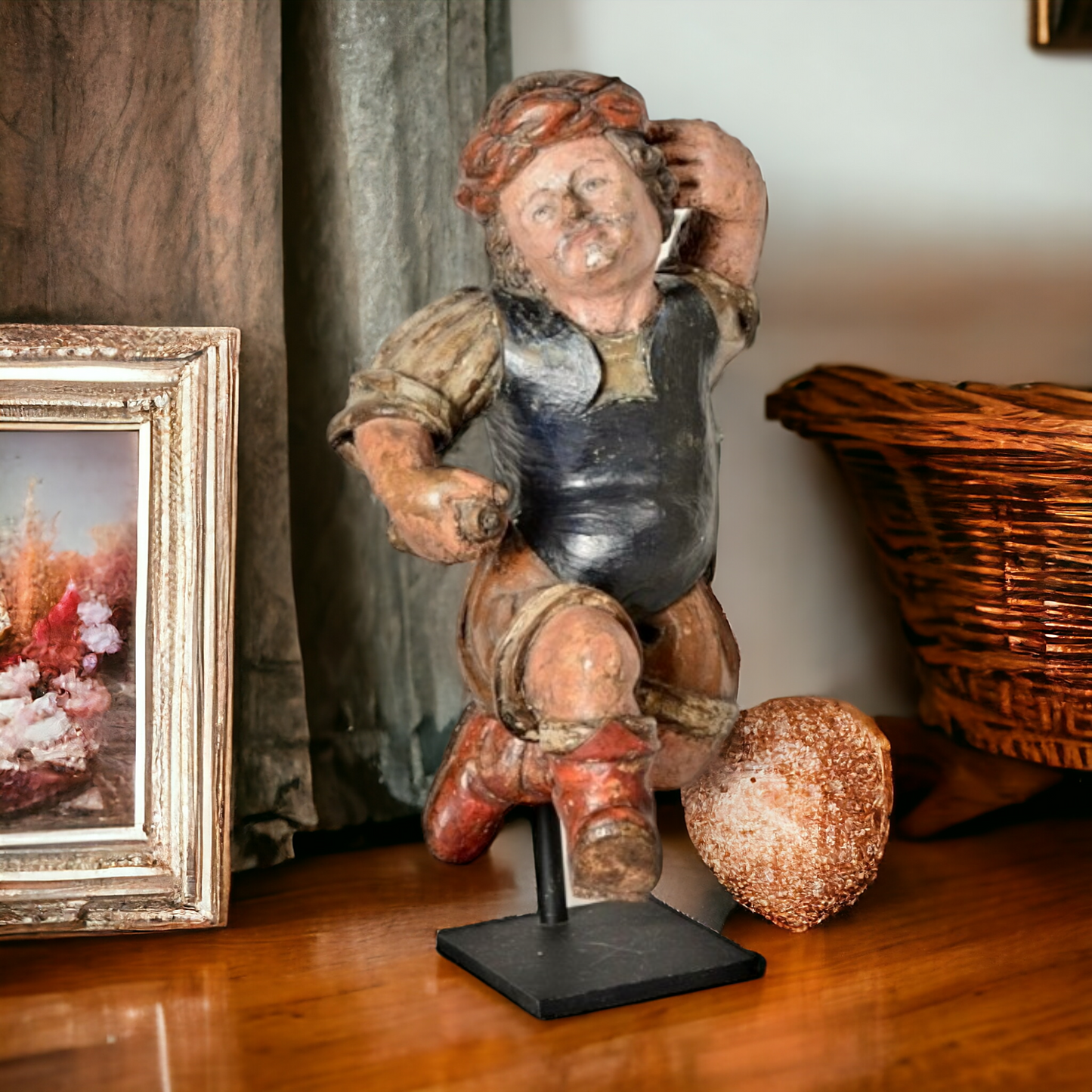 A Late 16thC / Early 17thC Decorative Italian Antique Carved Walnut Sculpture of a Male Figure in Original Polychromy