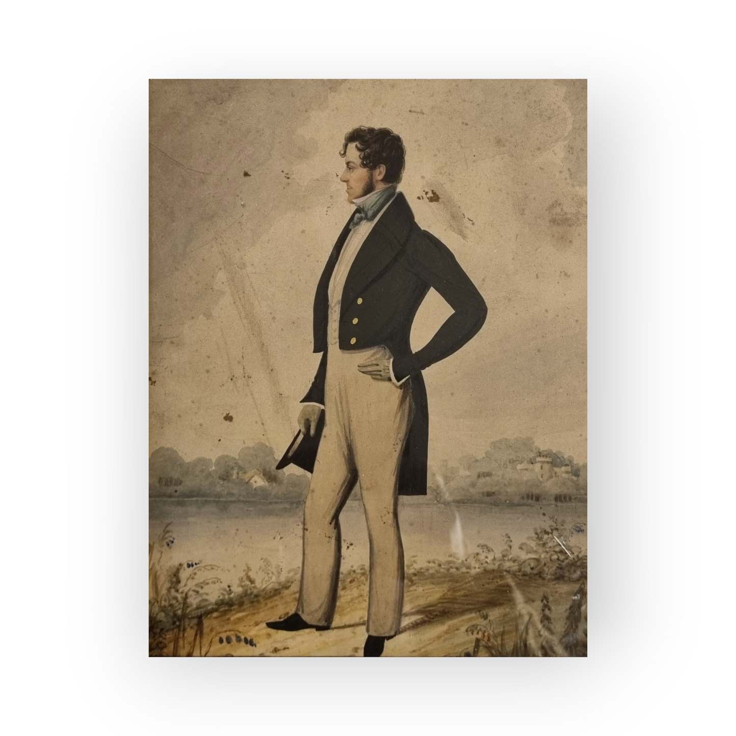 Follower of Richard Dighton (1795-1880) - An Early 19th Century English School Antique Full-Length Watercolour Portrait Painting of a Society Gentleman