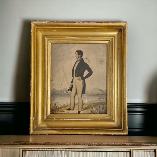 Follower of Richard Dighton (1795-1880) - An Early 19th Century English School Antique Full-Length Watercolour Portrait Painting of a Society Gentleman