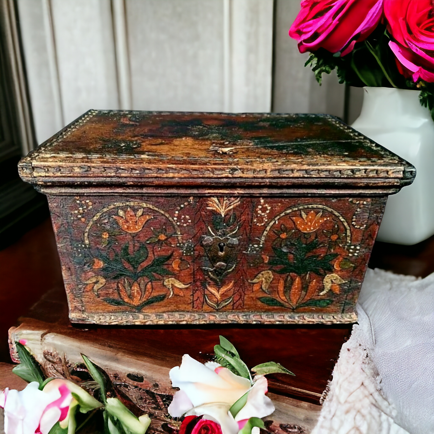 Late 17th Century Swiss Antique Folk-Art Decorated Table Top Box Dated "1687"