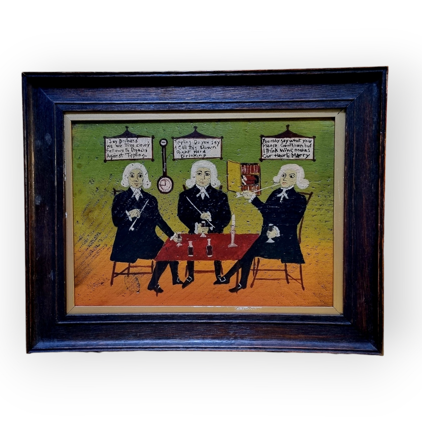 After The Original On Display at Compton Verney, A Naive 19th Century English School Antique Oil on Board Folk Art Painting Entitled "Three Sober Preachers"