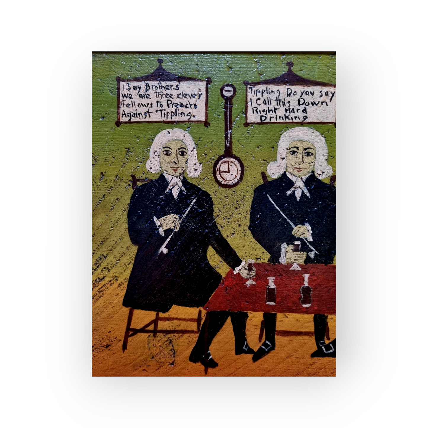 After The Original On Display at Compton Verney, A Naive 19th Century English School Antique Oil on Board Folk Art Painting Entitled "Three Sober Preachers"