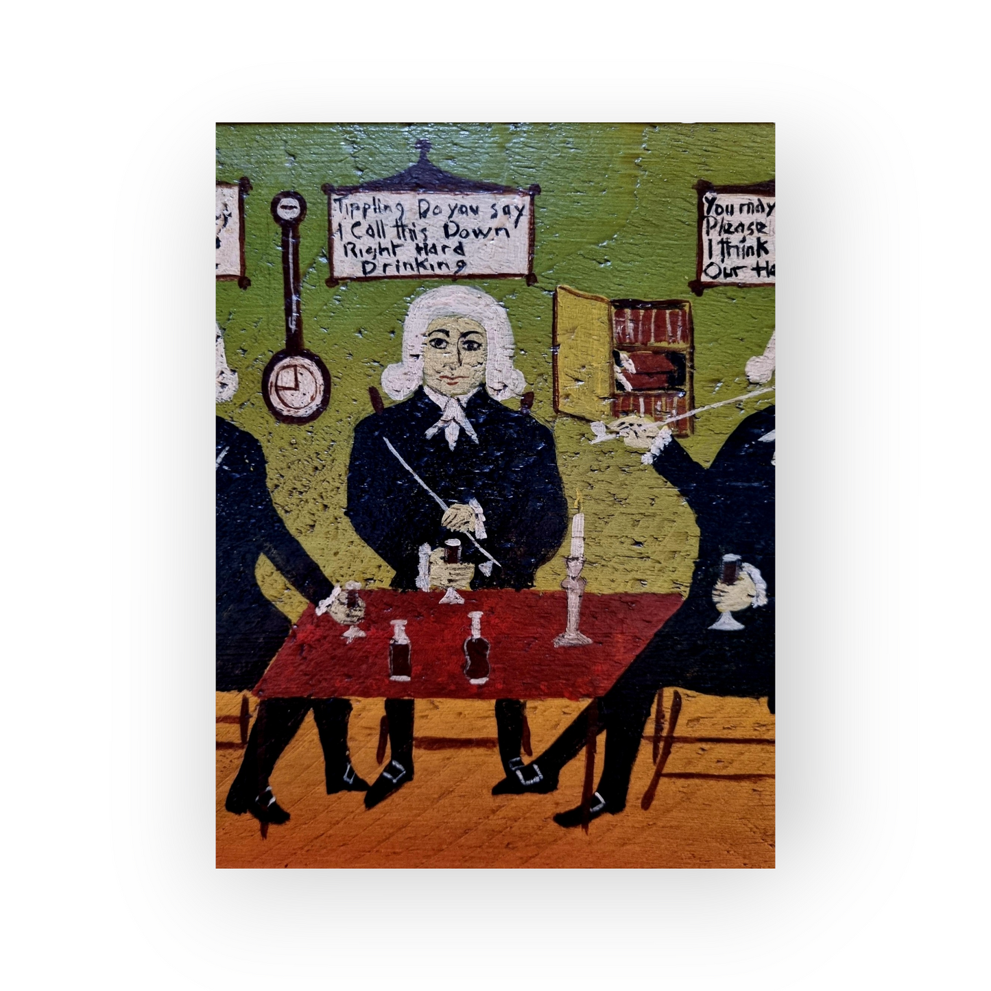 After The Original On Display at Compton Verney, A Naive 19th Century English School Antique Oil on Board Folk Art Painting Entitled "Three Sober Preachers"