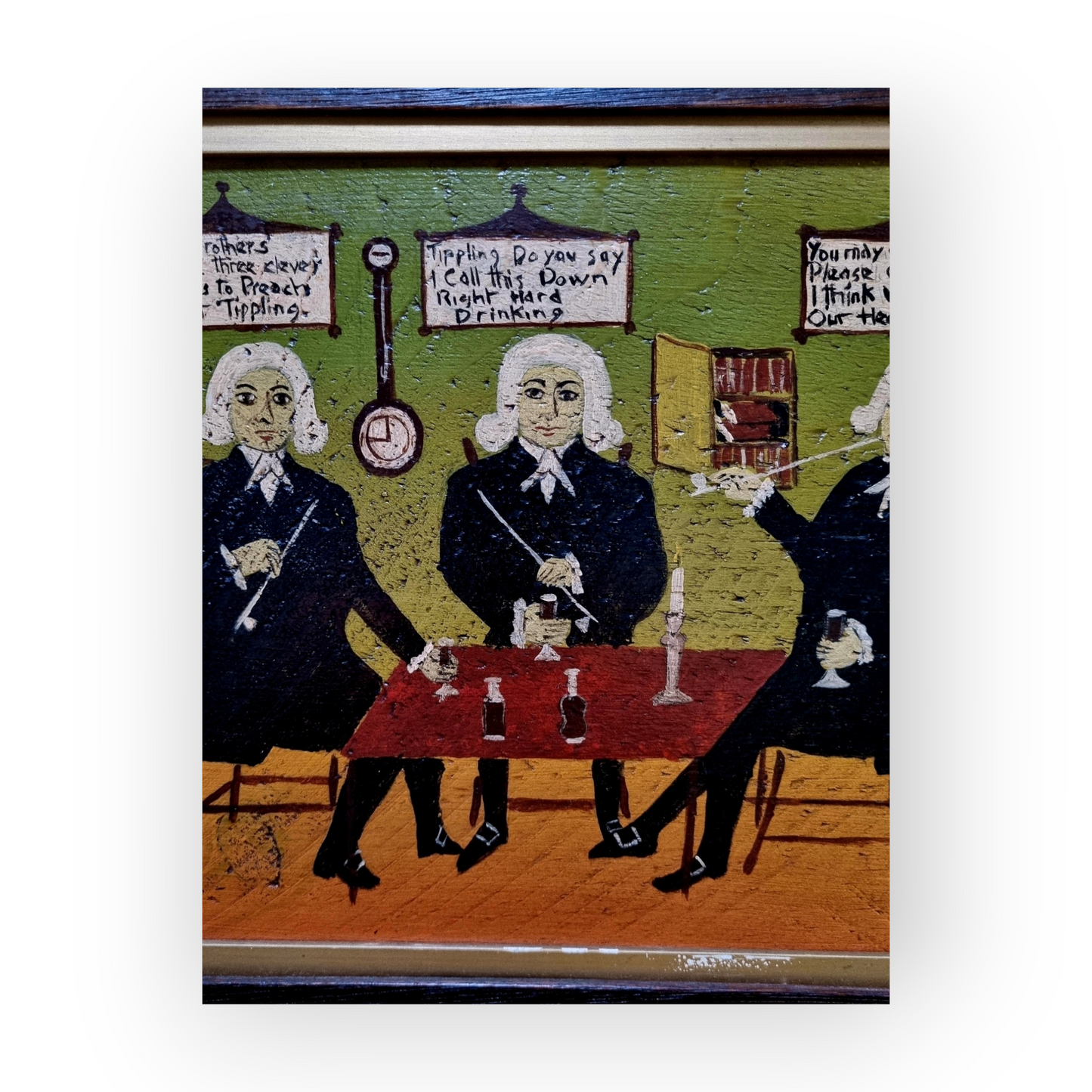After The Original On Display at Compton Verney, A Naive 19th Century English School Antique Oil on Board Folk Art Painting Entitled "Three Sober Preachers"
