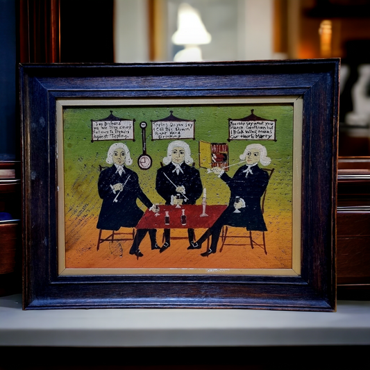 After The Original On Display at Compton Verney, A Naive 19th Century English School Antique Oil on Board Folk Art Painting Entitled "Three Sober Preachers"