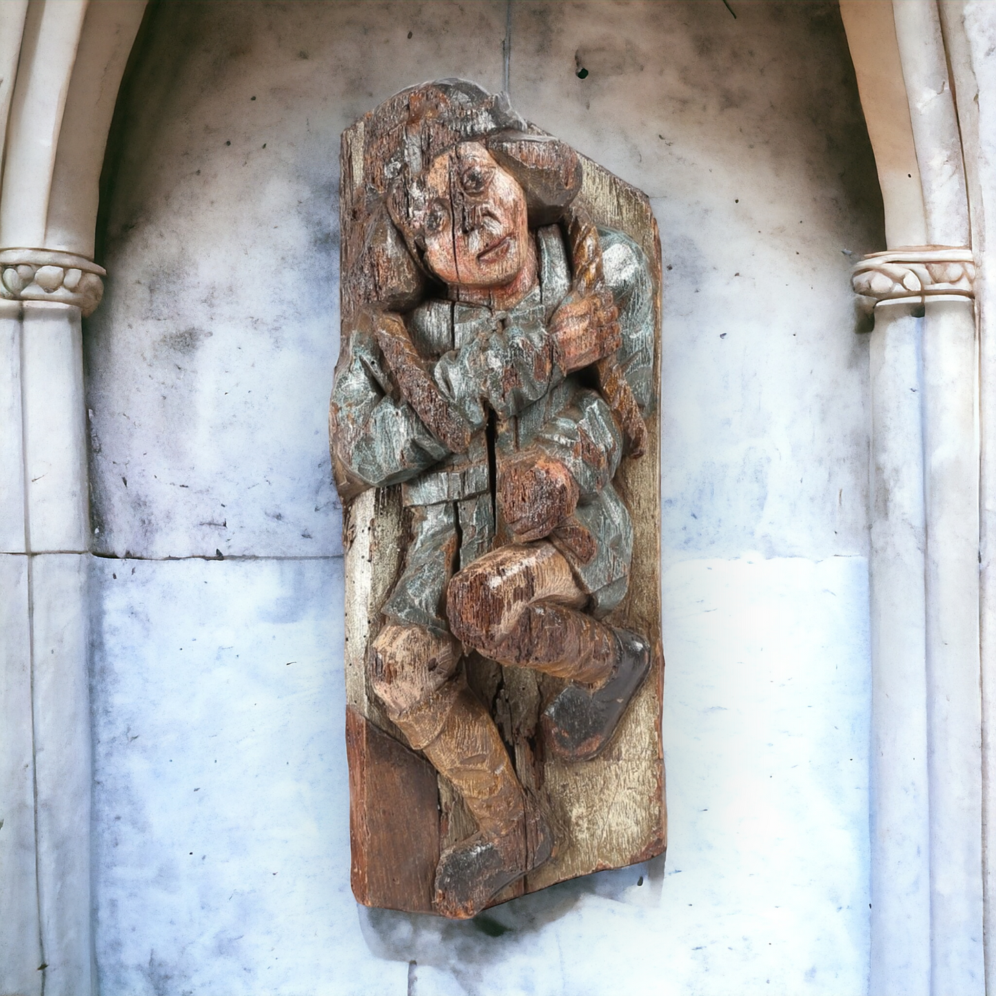 A Large & Rare 15th Century Antique Carved Pine Panel Depicting a Bell Ringer, circa 1450-1480