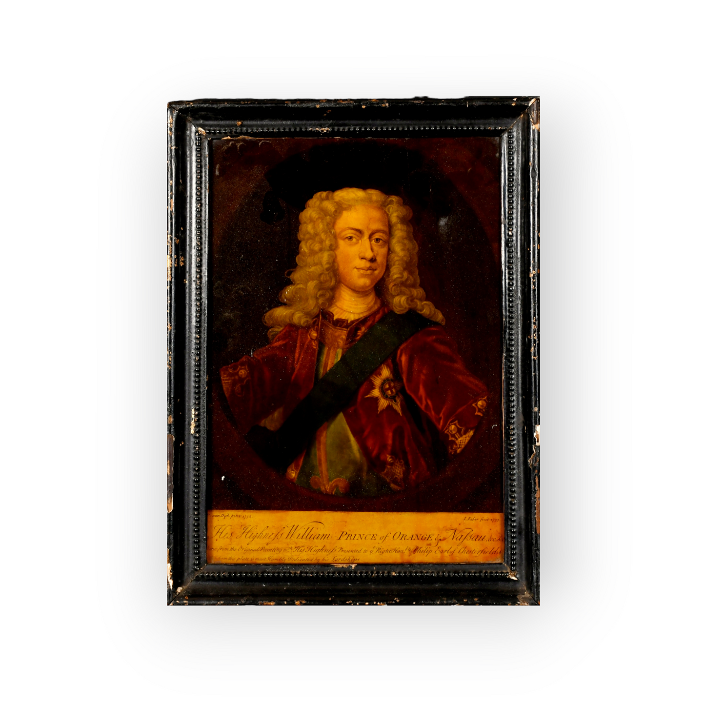 18th Century English Antique Reverse Print on Glass of William, Prince of Orange, circa 1732-1733