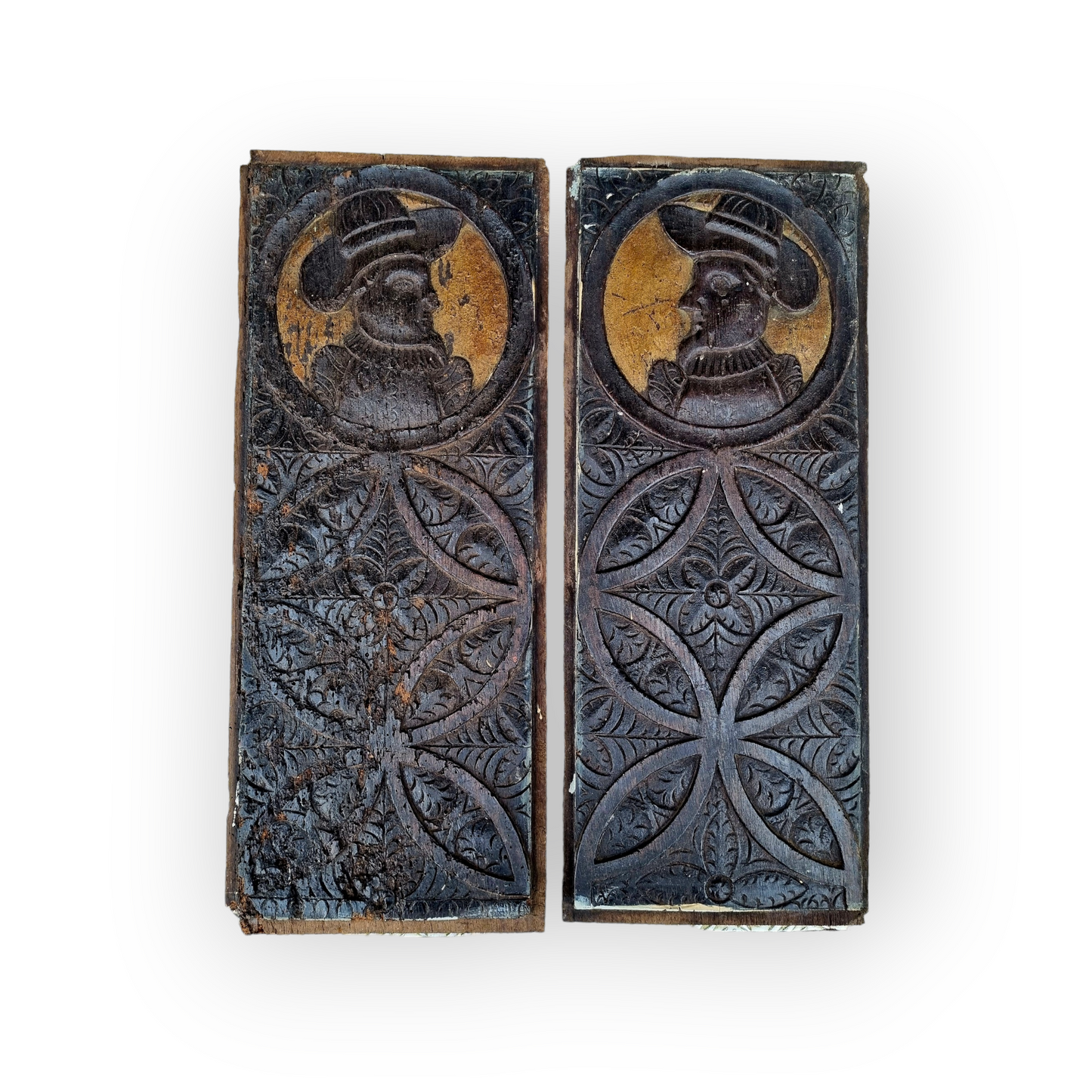 Pair of 16th Century Antique Carved Oak Romayne-Head Portrait Panels With Blind Gothic Tracery