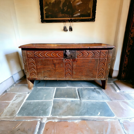 Early 17th-century English Antique Oak Boarded Coffer or Chest