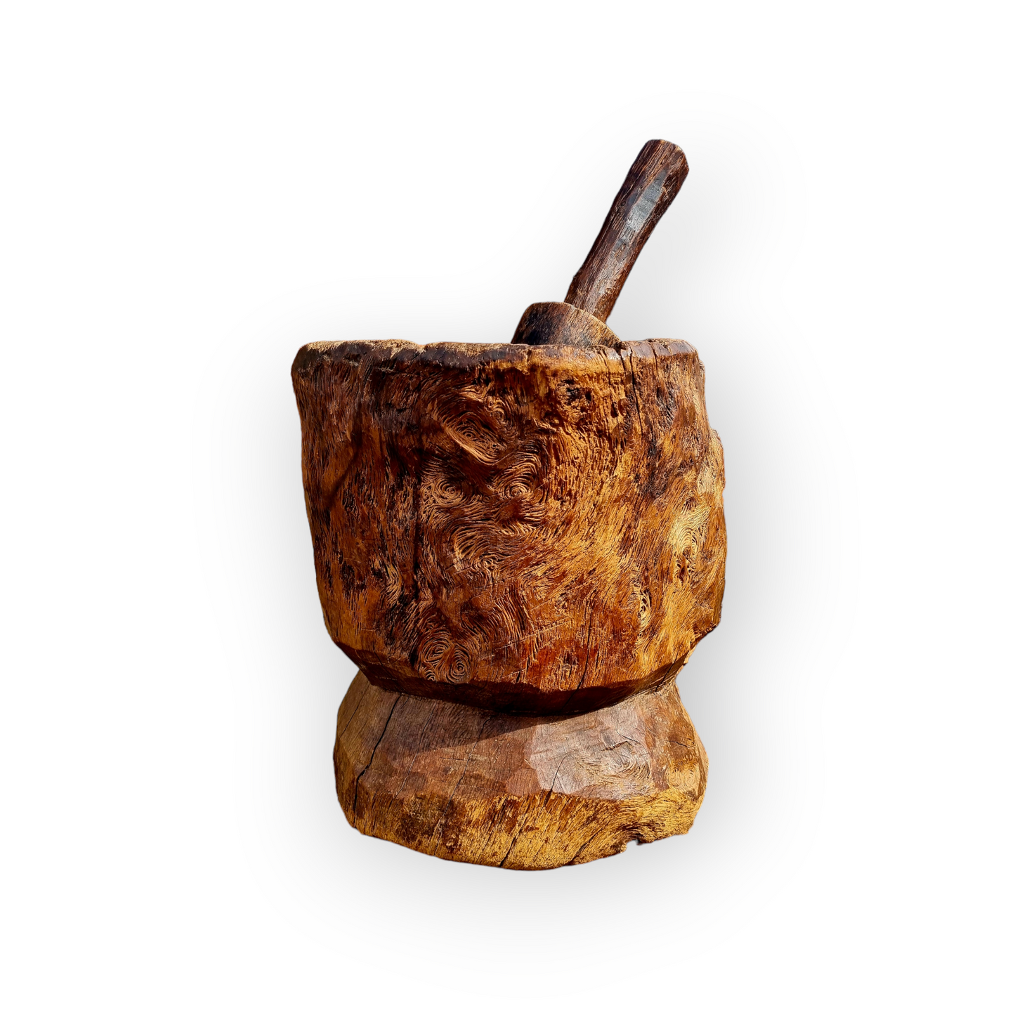 An Incredibly Large 18th Century English Antique Burr Oak Dug-Out Mortar & Pestle, The Mortar Standing 33 cm (13") High