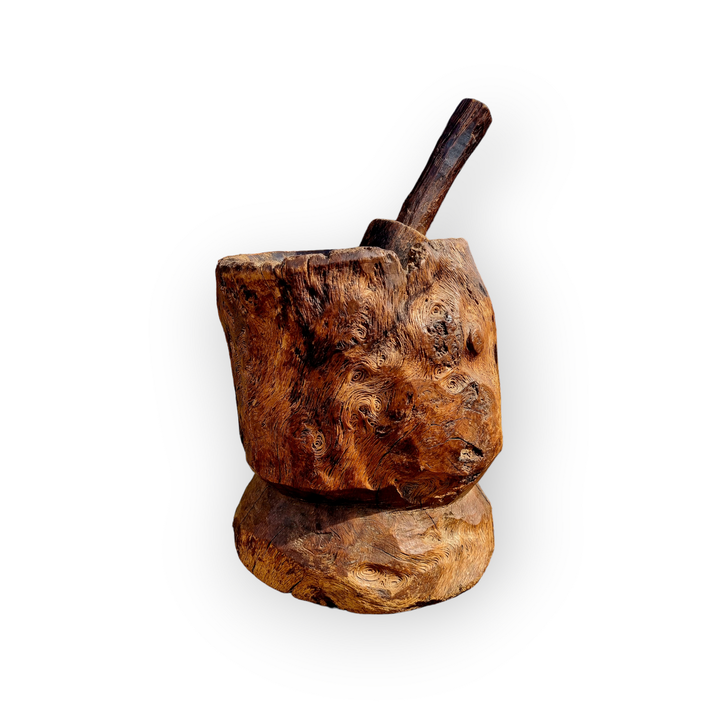 An Incredibly Large 18th Century English Antique Burr Oak Dug-Out Mortar & Pestle, The Mortar Standing 33 cm (13") High