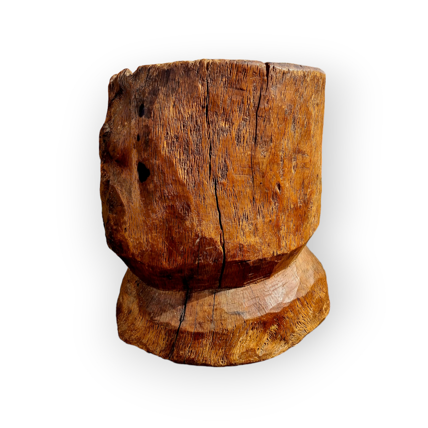 An Incredibly Large 18th Century English Antique Burr Oak Dug-Out Mortar & Pestle, The Mortar Standing 33 cm (13") High