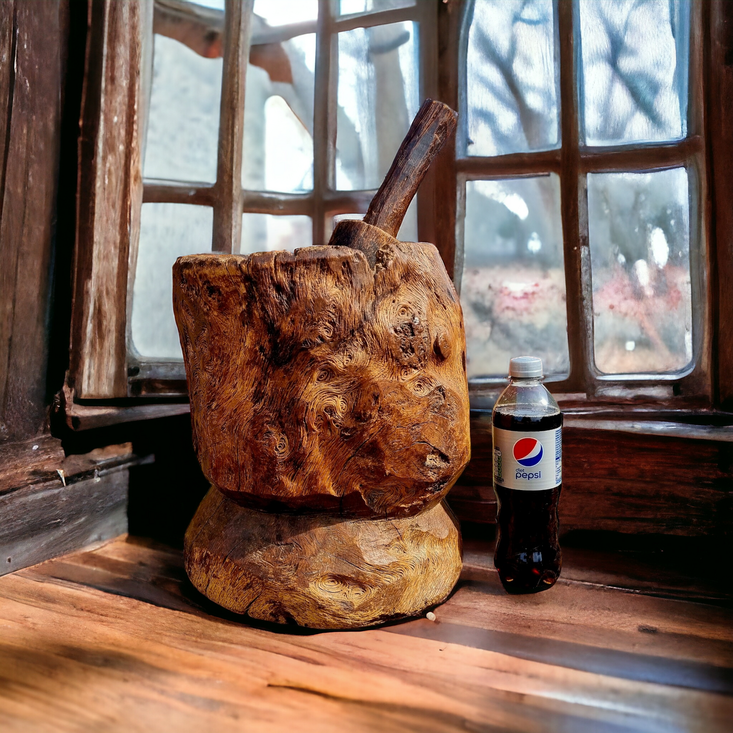 An Incredibly Large 18th Century English Antique Burr Oak Dug-Out Mortar & Pestle, The Mortar Standing 33 cm (13") High