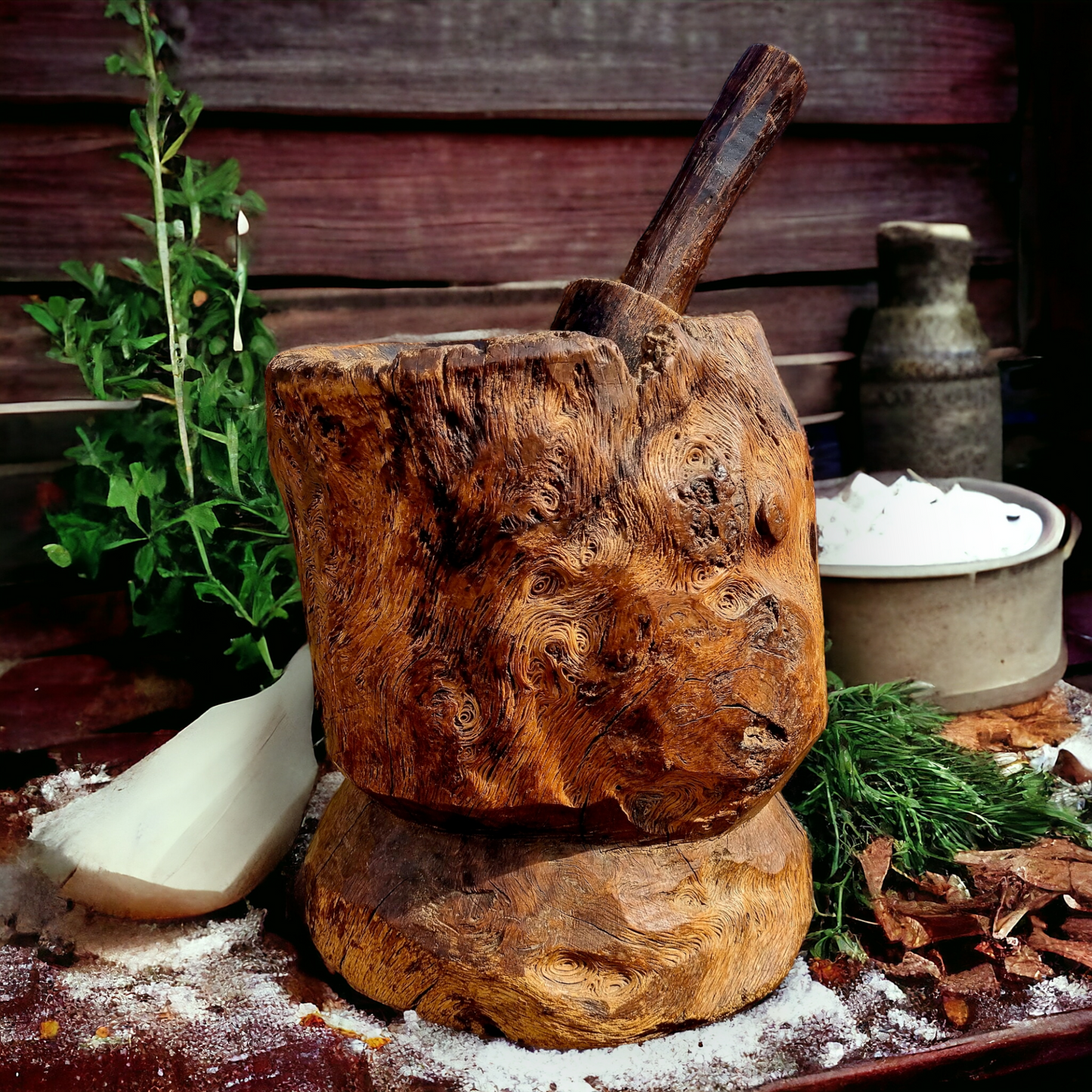 An Incredibly Large 18th Century English Antique Burr Oak Dug-Out Mortar & Pestle, The Mortar Standing 33 cm (13") High