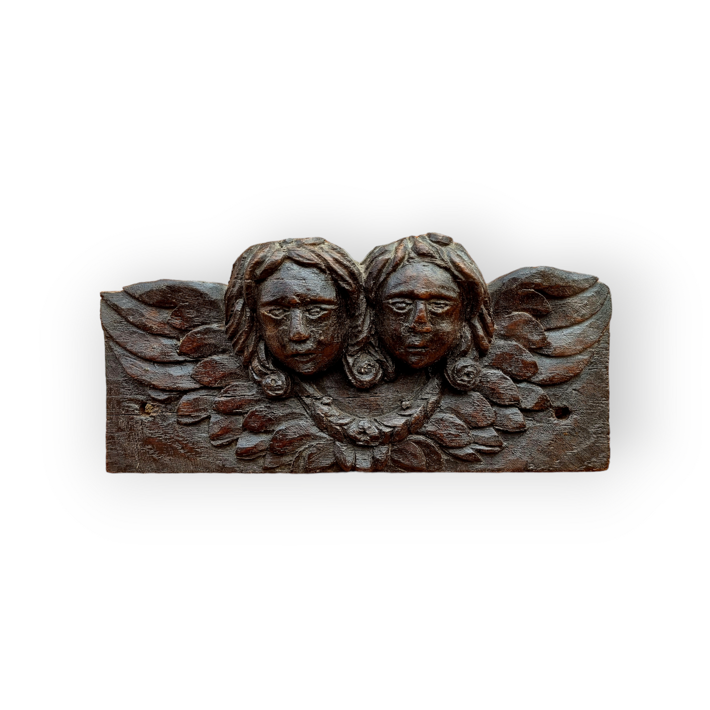 Early 17thC Antique Carved Oak Panel Depicting Two Winged Angels