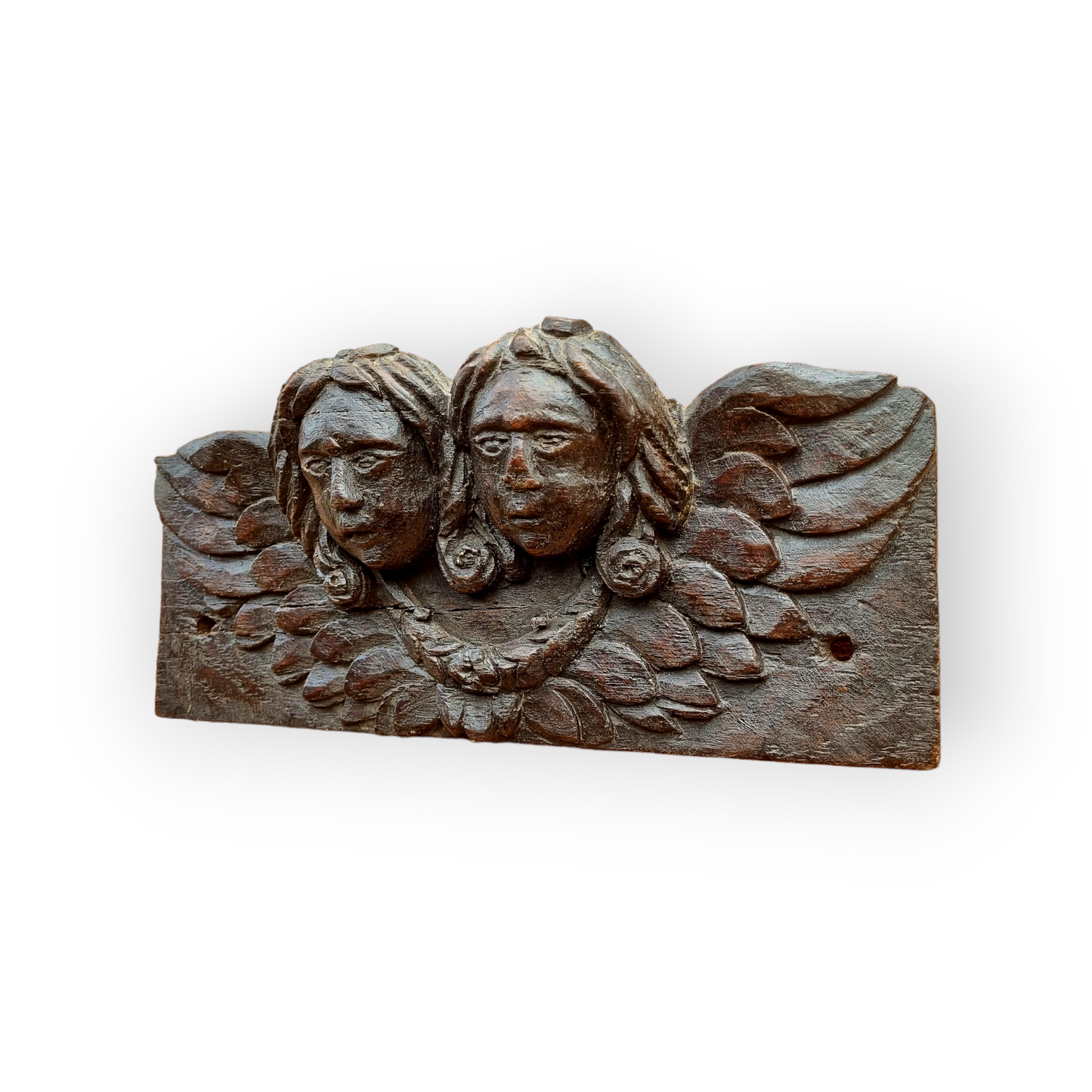 Early 17thC Antique Carved Oak Panel Depicting Two Winged Angels
