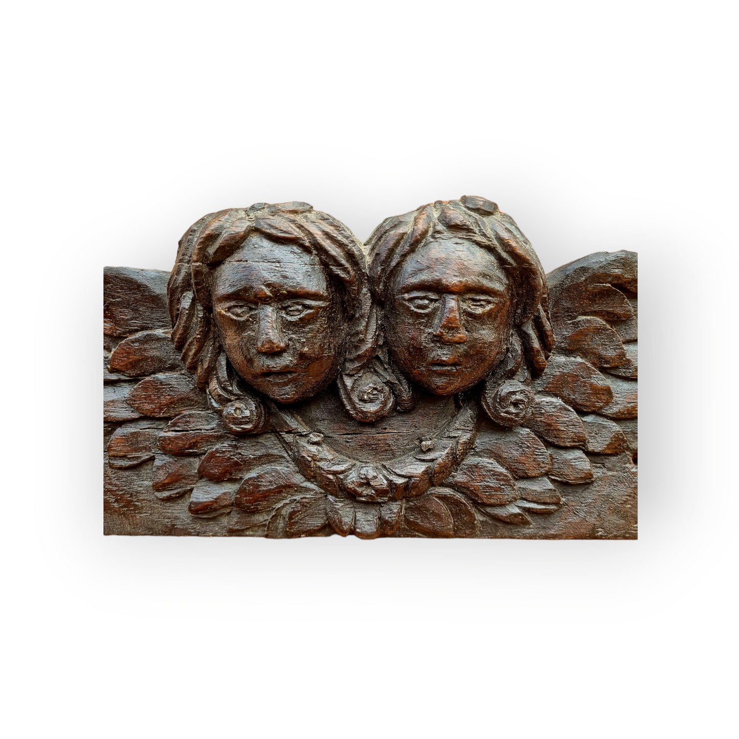 Early 17thC Antique Carved Oak Panel Depicting Two Winged Angels