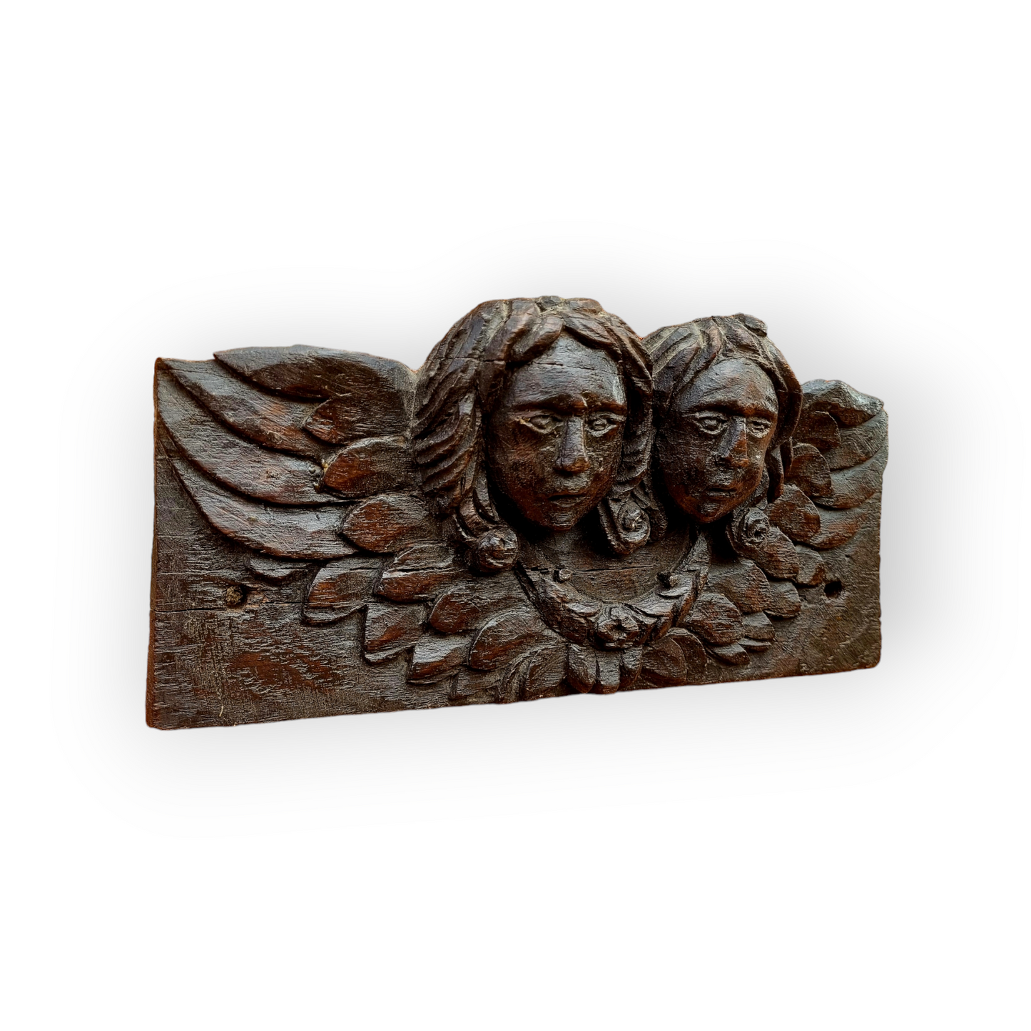 Early 17thC Antique Carved Oak Panel Depicting Two Winged Angels