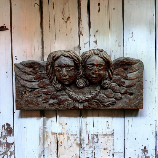 Early 17thC Antique Carved Oak Panel Depicting Two Winged Angels