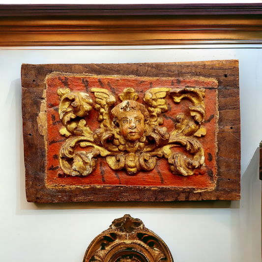 Late 17thC Baroque Period Antique Carved Wood Panel Depicting a Winged Angel Flanked by Scrolling Foliage