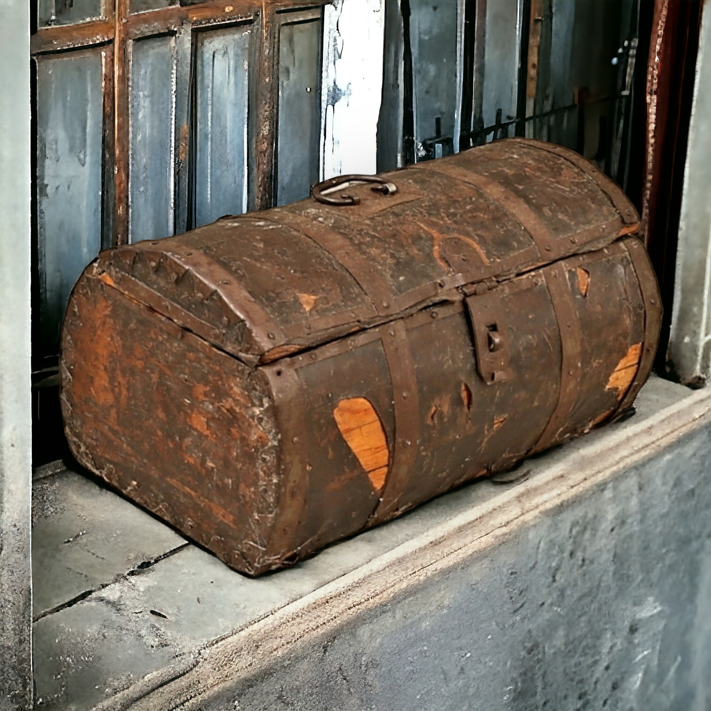 Early 17thC Scandinavian Antique Iron and Leather Bound Table Box of Unusual Form, circa 1600