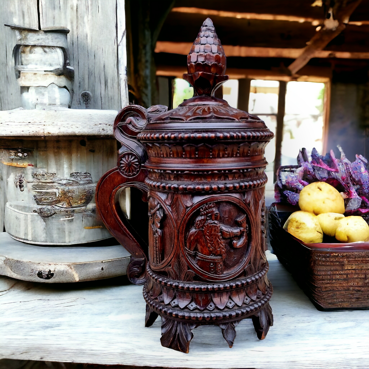 Late 19th Century Scandinavian Antique Folk-Art Carved Birch Wood Tankard