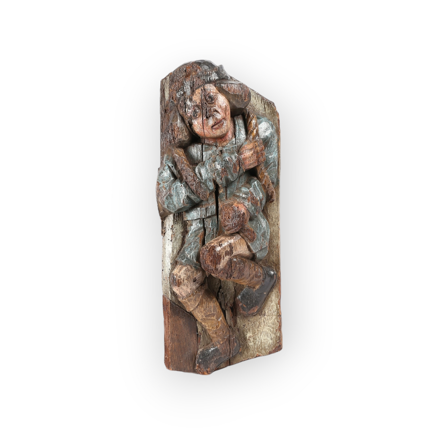 A Large & Rare 15th Century Antique Carved Pine Panel Depicting a Bell Ringer, circa 1450-1480