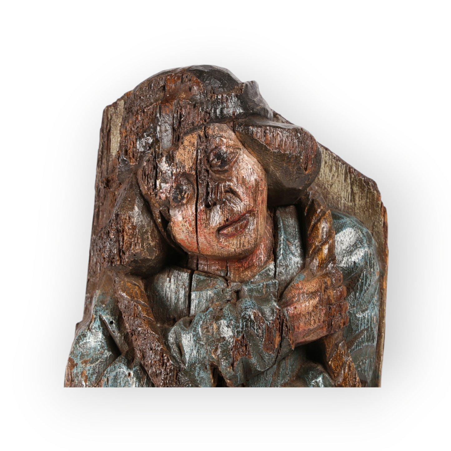 A Large & Rare 15th Century Antique Carved Pine Panel Depicting a Bell Ringer, circa 1450-1480