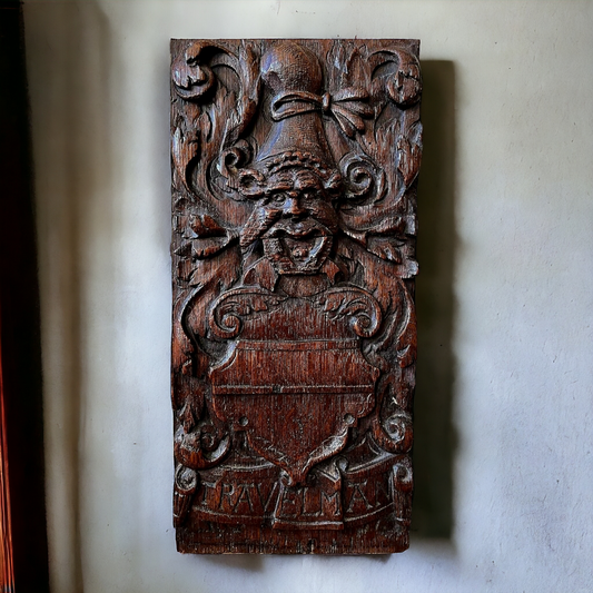 Early 18th Century English Antique Masonic Carved Oak Panel With Green Man