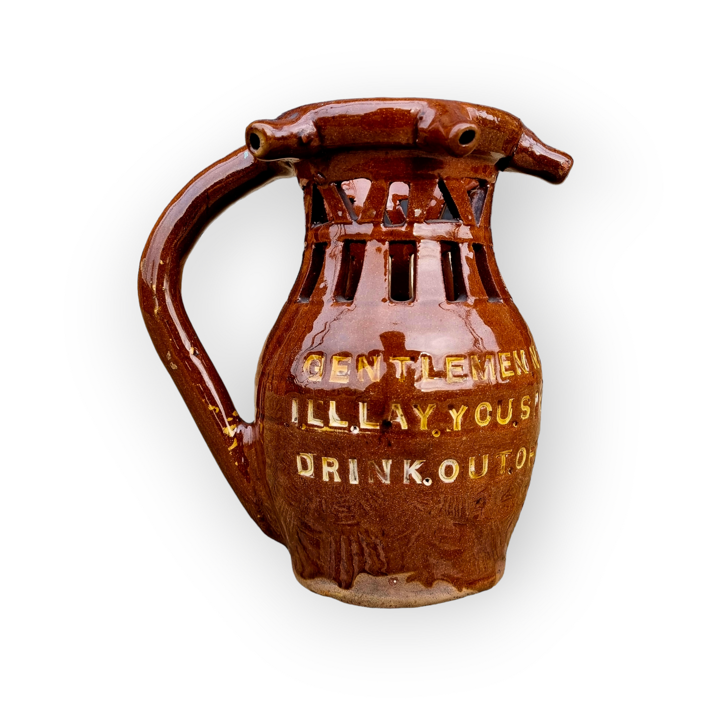 Late 19th Century English Antique Earthenware Puzzle Jug Dated "1887"