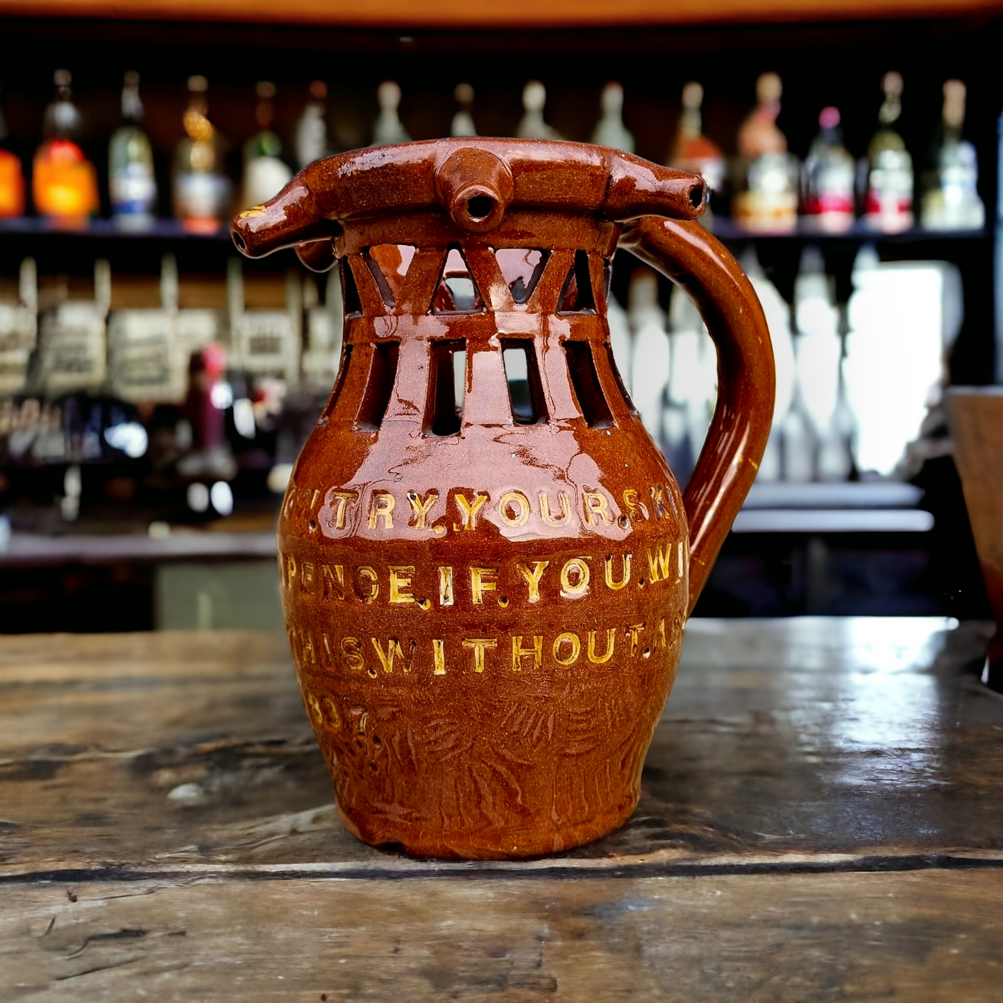 Late 19th Century English Antique Earthenware Puzzle Jug Dated "1887"