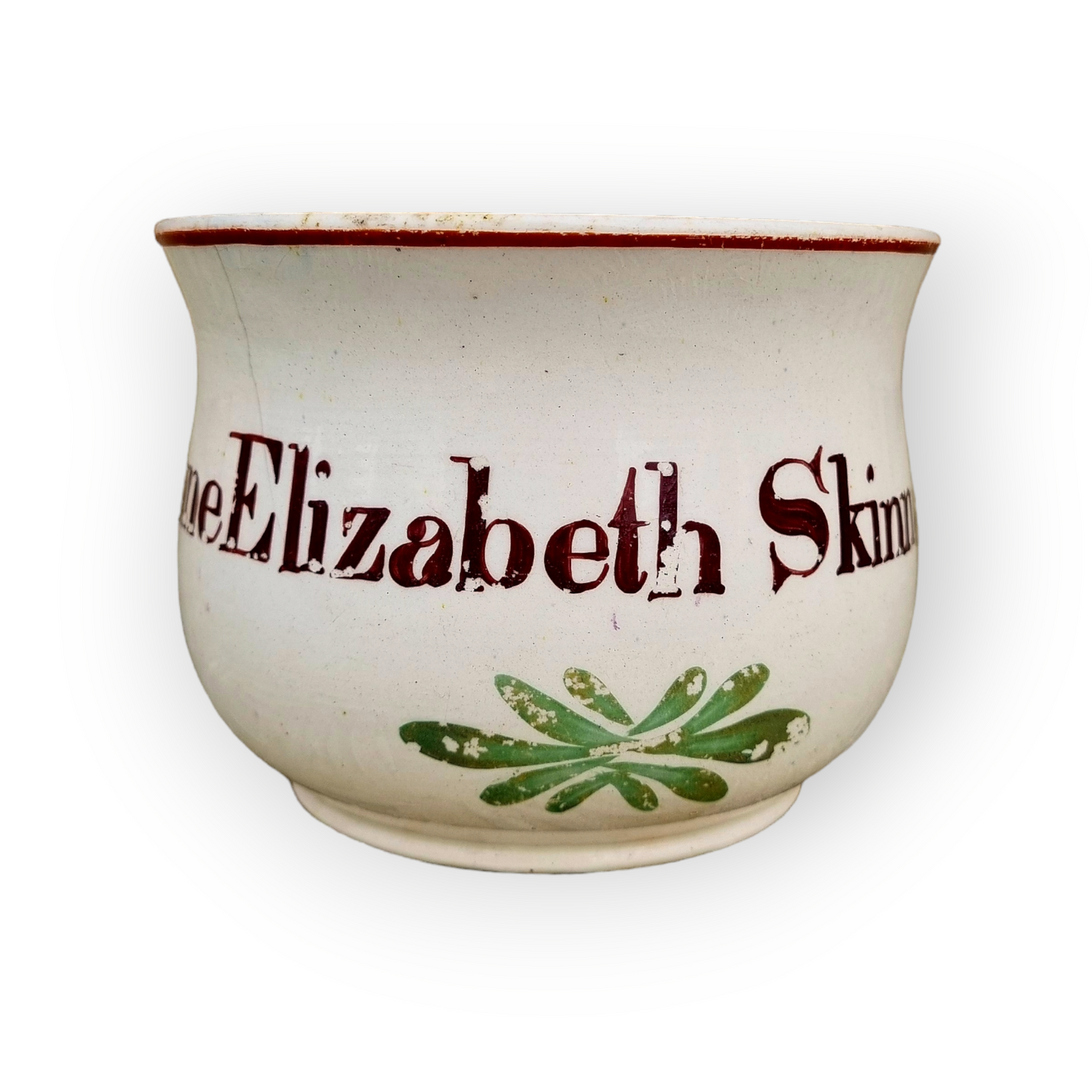 Diminutive Late 18th Century English Antique Creamware Child's Piss Pot / Chamber Pot Inscribed "Jane Elizabeth Skinner"