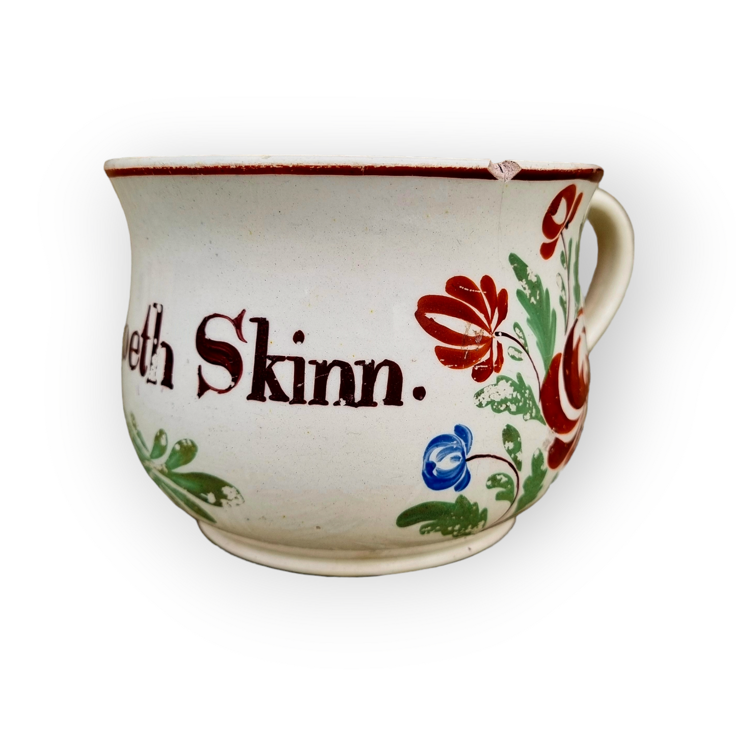 Diminutive Late 18th Century English Antique Creamware Child's Piss Pot / Chamber Pot Inscribed "Jane Elizabeth Skinner"