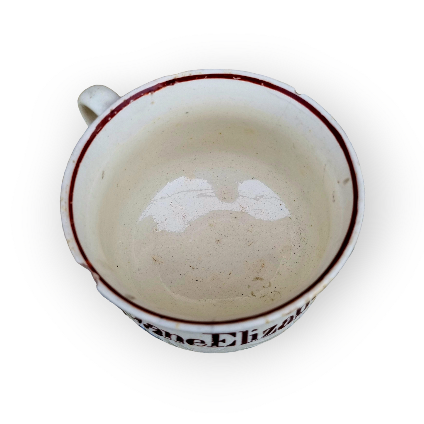 Diminutive Late 18th Century English Antique Creamware Child's Piss Pot / Chamber Pot Inscribed "Jane Elizabeth Skinner"