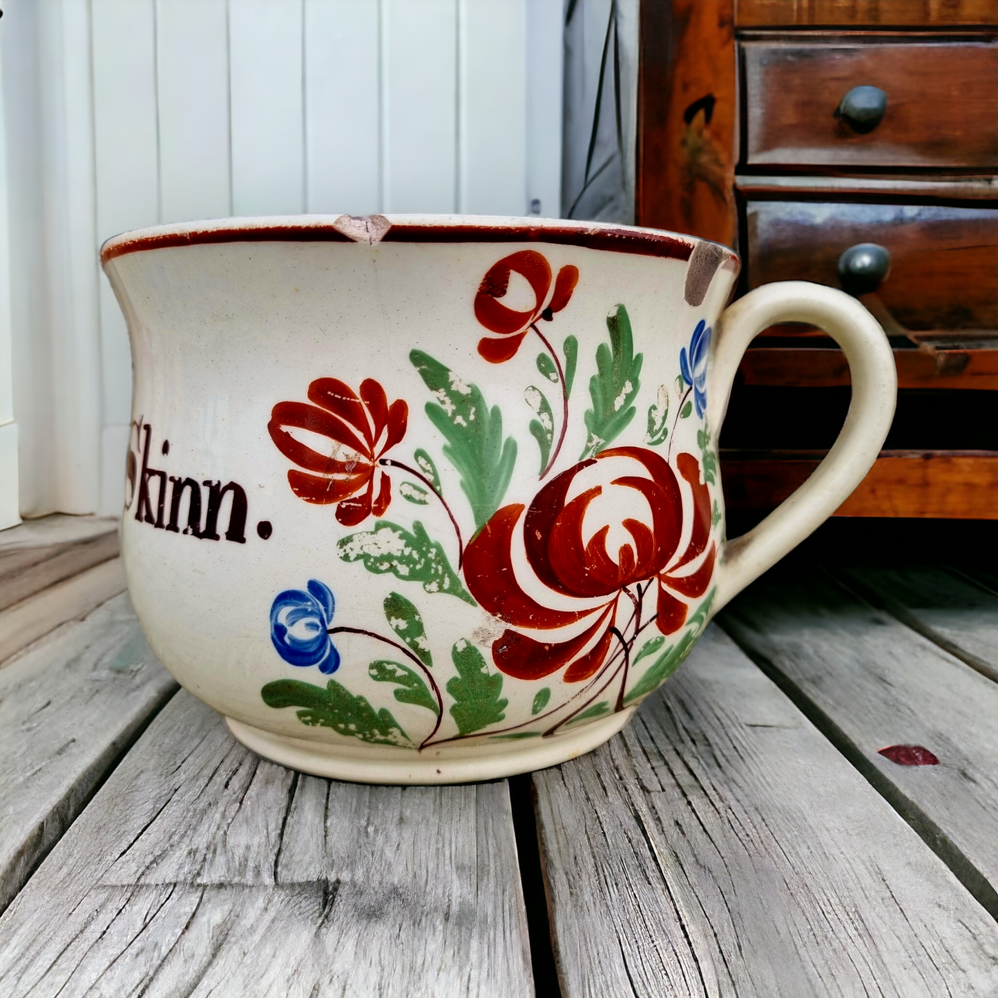 Diminutive Late 18th Century English Antique Creamware Child's Piss Pot / Chamber Pot Inscribed "Jane Elizabeth Skinner"