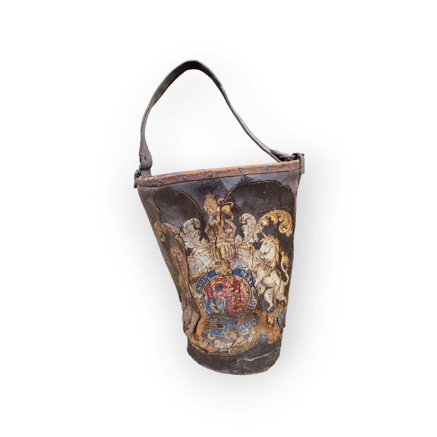 Mid 19th Century English Antique Leather Fire Bucket Bearing the Royal Coat of Arms of Queen Victoria