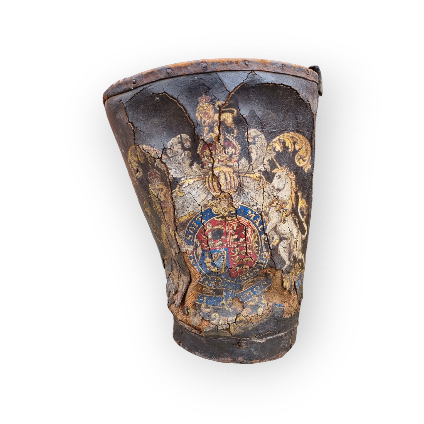Mid 19th Century English Antique Leather Fire Bucket Bearing the Royal Coat of Arms of Queen Victoria