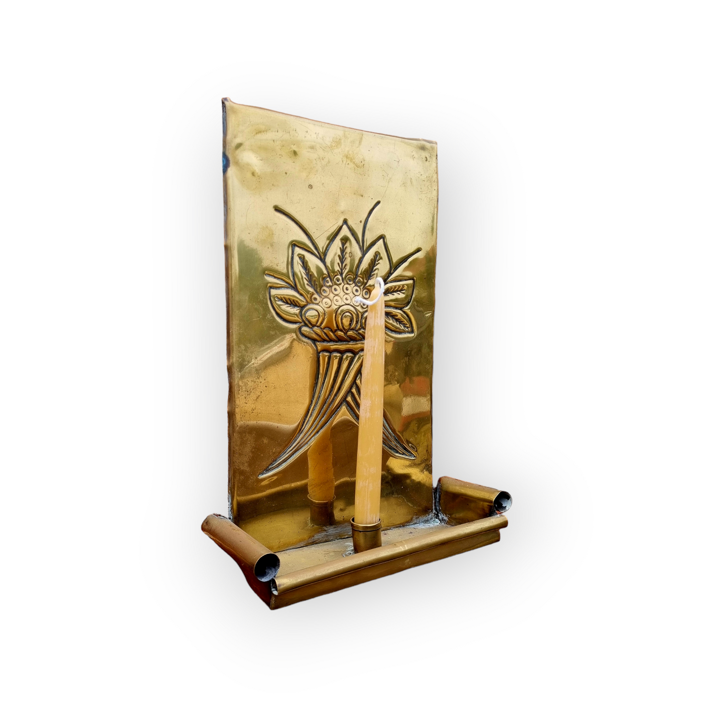 19th Century English Antique Brass Wall Reflector / Wall Sconce With Single Candleholder