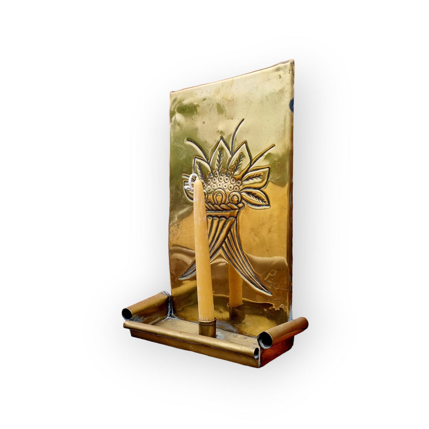 19th Century English Antique Brass Wall Reflector / Wall Sconce With Single Candleholder