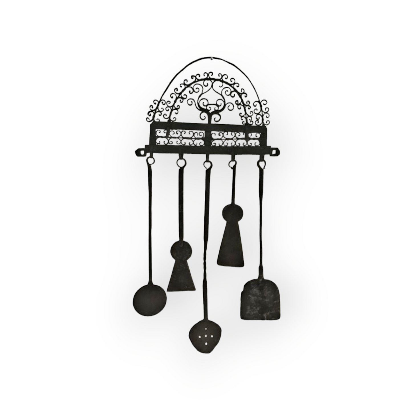 Rare Late 17th Century Decorative Antique Wrought Iron Cooking Utensil Rack with Five Original Cooking Implements