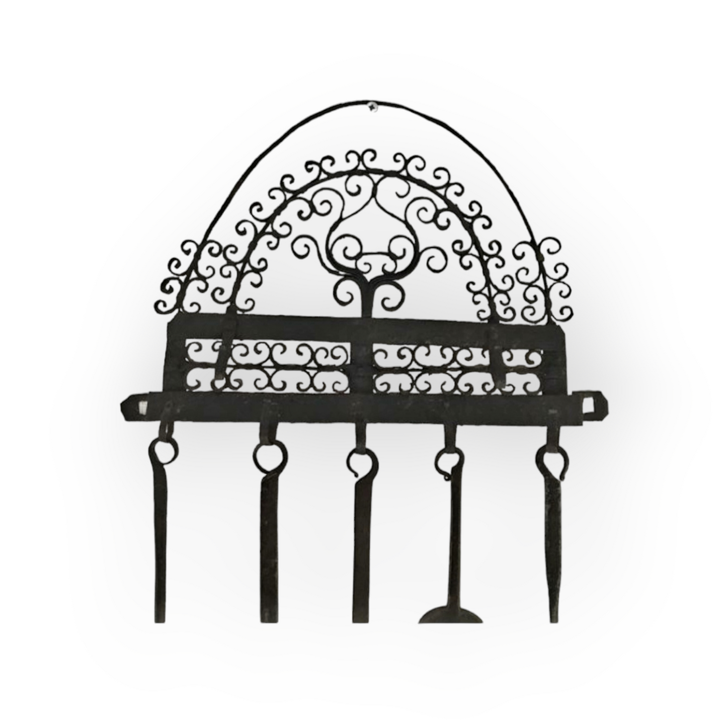 Rare Late 17th Century Decorative Antique Wrought Iron Cooking Utensil Rack with Five Original Cooking Implements