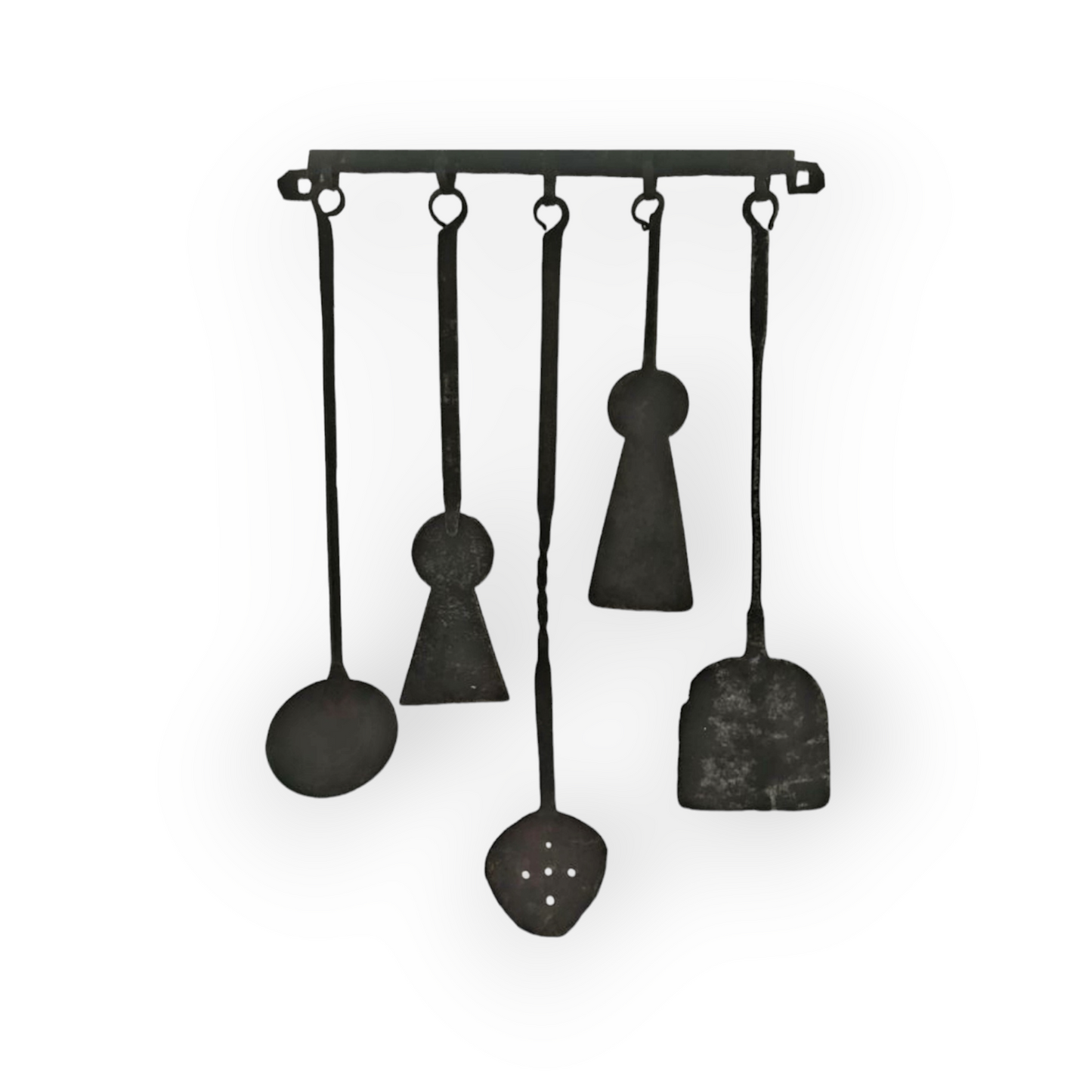 Rare Late 17th Century Decorative Antique Wrought Iron Cooking Utensil Rack with Five Original Cooking Implements