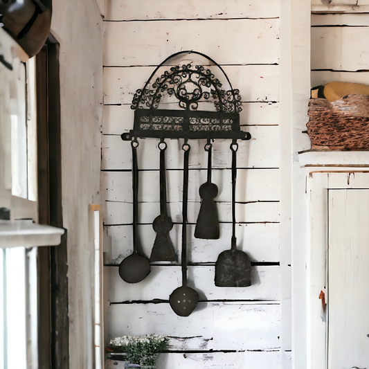 Rare Late 17th Century Decorative Antique Wrought Iron Cooking Utensil Rack with Five Original Cooking Implements