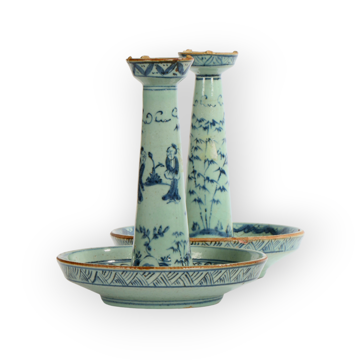Pair of 18th Century Chinese Antique Qing Dynasty Blue & White Porcelain Candlesticks