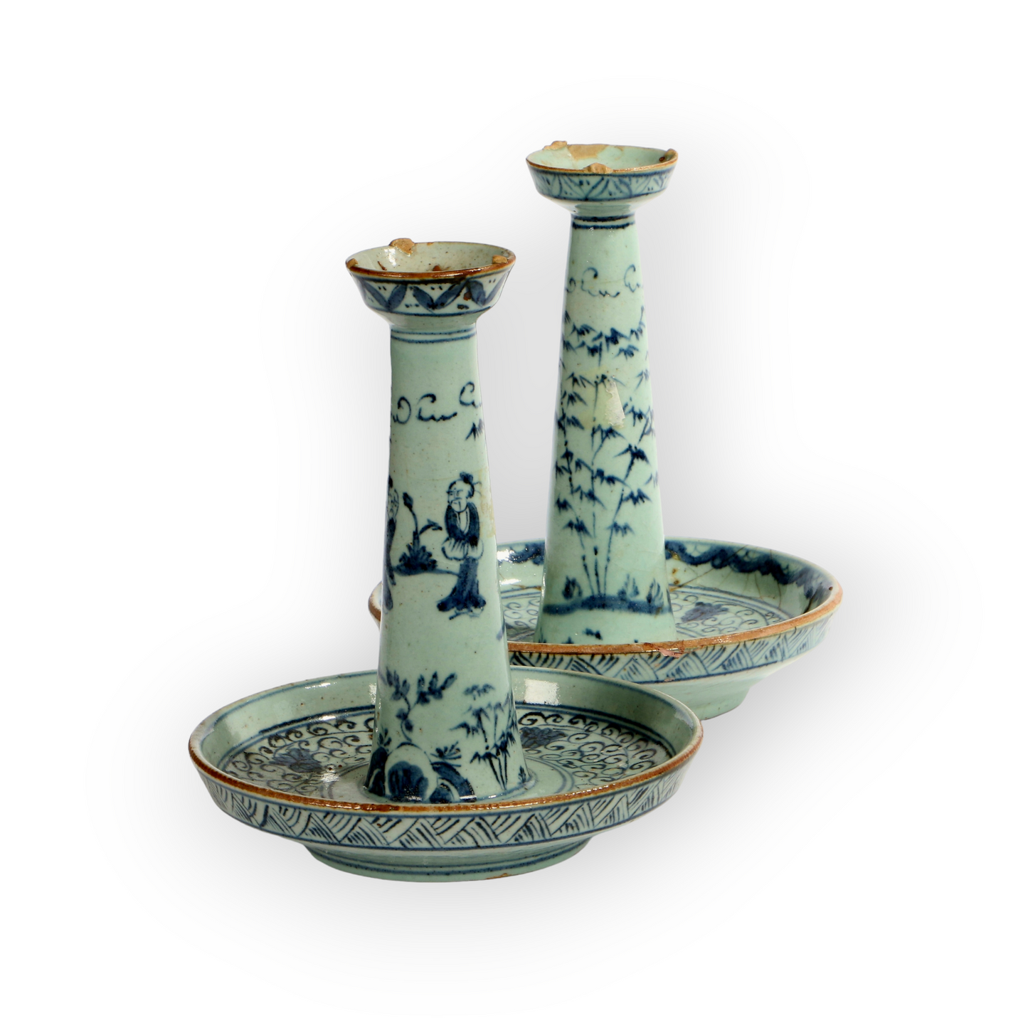 Pair of 18th Century Chinese Antique Qing Dynasty Blue & White Porcelain Candlesticks