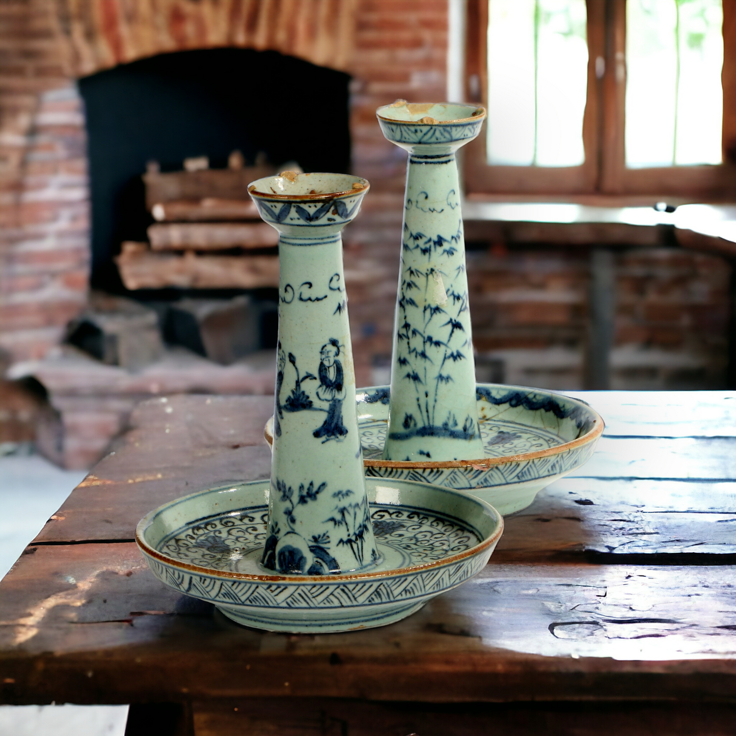 Pair of 18th Century Chinese Antique Qing Dynasty Blue & White Porcelain Candlesticks
