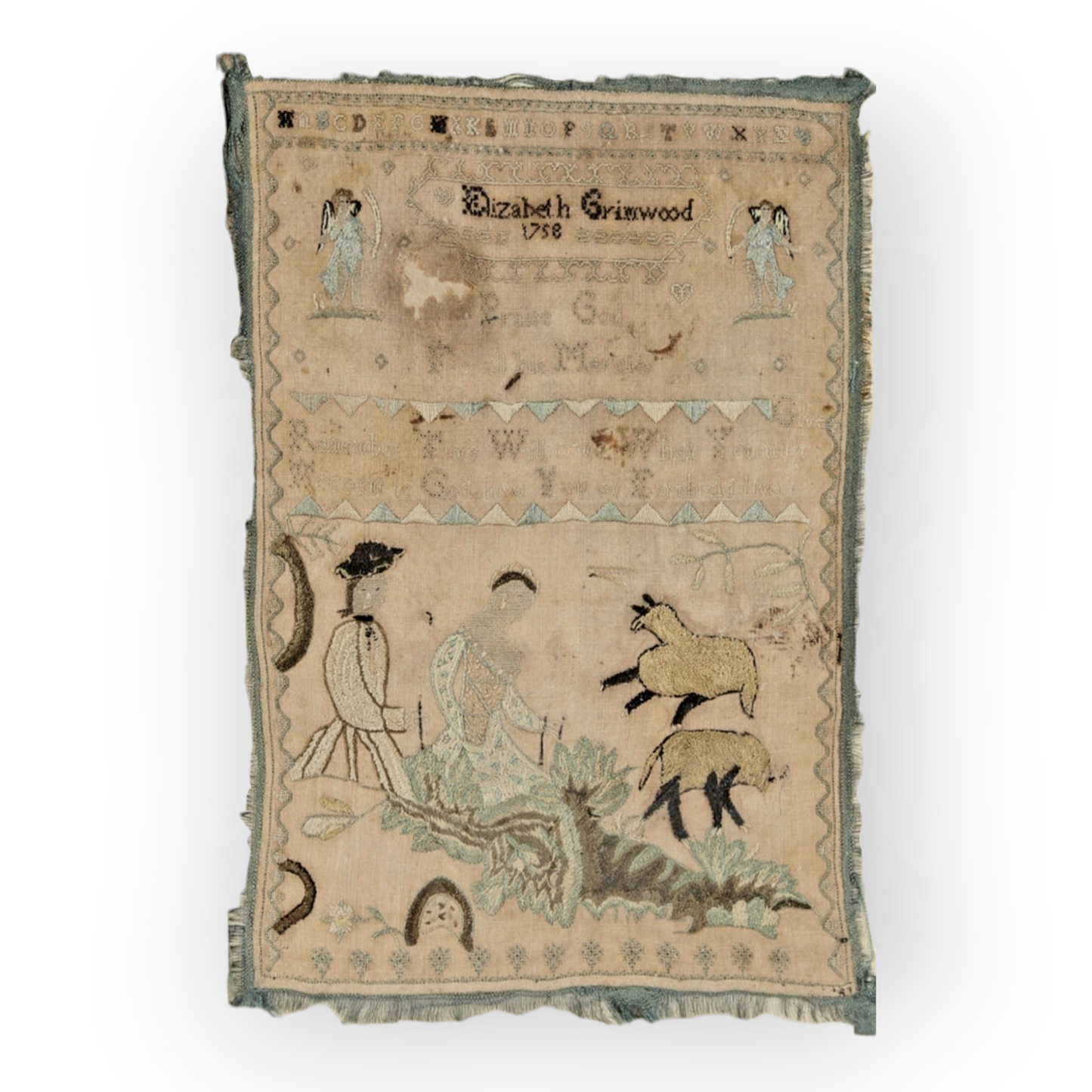 Mid 18th Century English Antique Sampler by Elizabeth Grimwood,  Dated 1758