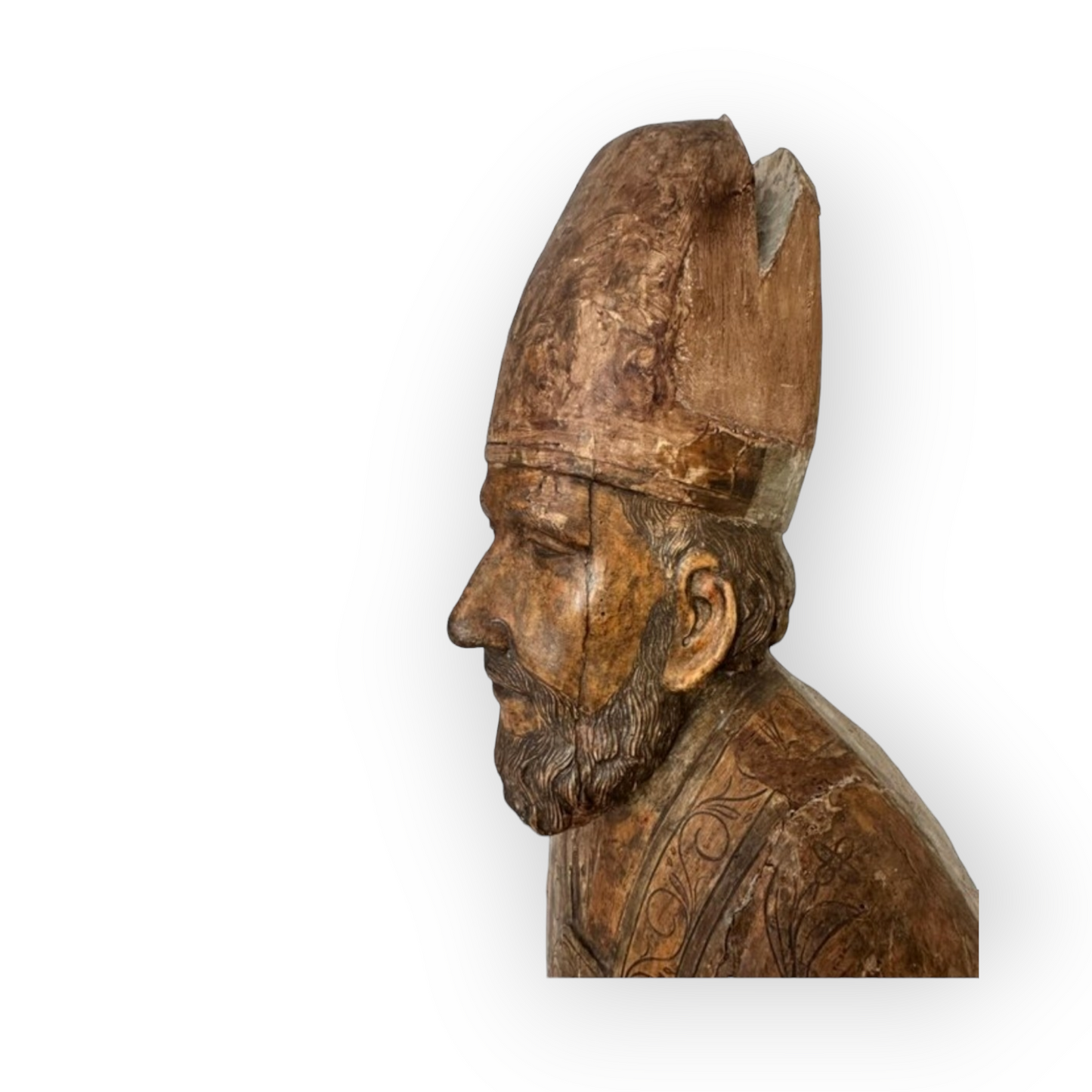 Life-size Early 17thC Italian Antique Carved Wooden Bust / Sculpture of a Bishop Saint
