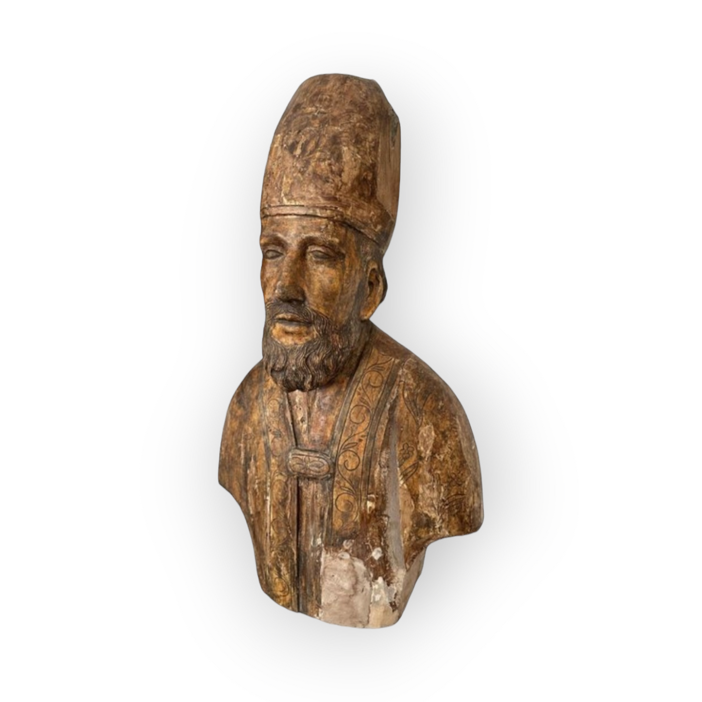Life-size Early 17thC Italian Antique Carved Wooden Bust / Sculpture of a Bishop Saint